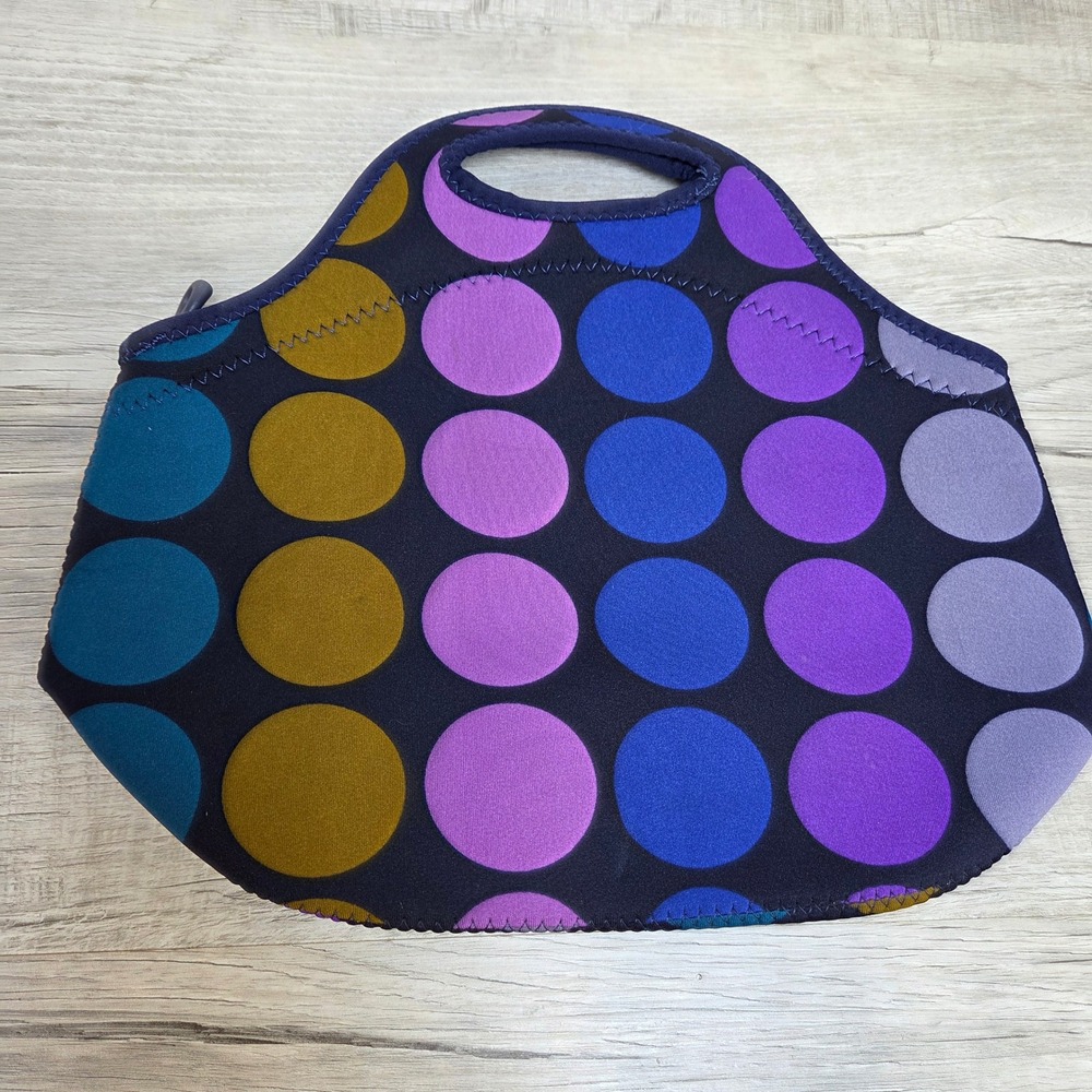 BUILT NY Gourmet To Go Lunch Tote Neoprene Insulated Polka Dot Purple Blue Zip